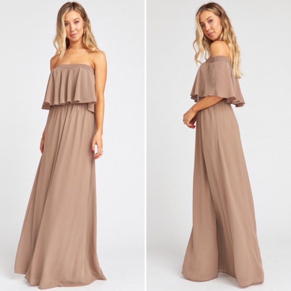 Show Me Your Mumu Hacienda Nude Maxi Dress Off the Shoulder Gown Medium